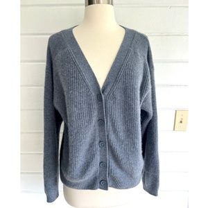 GARNET HILL 100% Cashmere Ribbed  V-Neck Cropped Button Cardigan  Blue/Gray - M